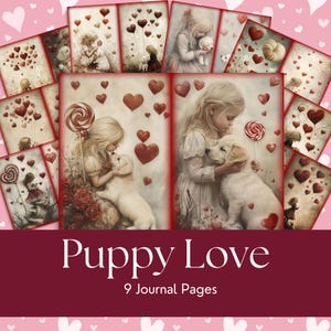 Kleines Mädchen mit Welpen Valentinstag Junk Journal | Handgemachtes Erinnerungsbuch | Niedliches Gästebuch für Kinder und Fun Crafts