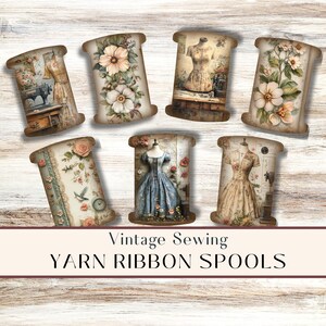 Band, Spitzen und Garnrollen, shabby, Vintage, Junk Journal, Tags, Karten, Nähen, Printable, Ephemera, Lagerung, Scrapbooking