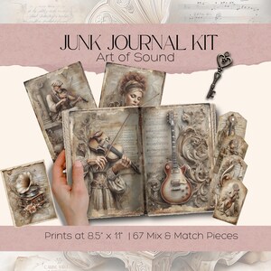 Puede incluir: Un kit de diario basura titulado "Art of Sound" con ilustraciones vintage de instrumentos musicales y figuras. El kit incluye impresiones de 21,6 cm x 27,9 cm con 67 piezas para mezclar y combinar. La imagen muestra un dije de llave y una mano sosteniendo un diario.