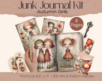 Op de afbeelding: Een Junk Journal Kit genaamd Autumn Girls met 8 pagina's bedrukt papier met illustraties van meisjes, paddenstoelen en bloemmotieven. Inclusief een metalen sleutel, labels en enveloppen. Printformaat 21,6 cm x 27,9 cm met 105 mix en match onderdelen.