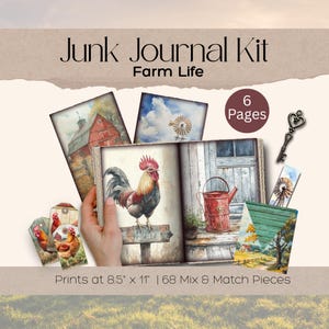 Farm Life Junk Journal with Folio Kit, Rooster Bundle, Country Horse & Cattle, Farm Animals, Digital Papers, Watercolor Farm House Ephemera