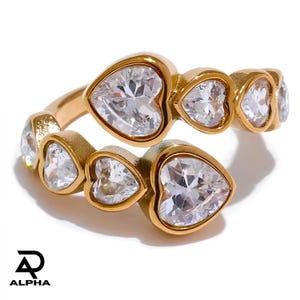 Delicate Cubic Zirconia Heart Gold Adjustable Stainless Steel Open Ring | Stylish Women's Jewelry