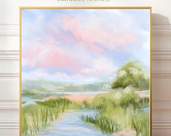 Coastal Marsh Landscape Canvas Art: Pink Sky Coastal Wall Decor, Modern Impressionist Marsh Print, Grandmillenial Style, low country art