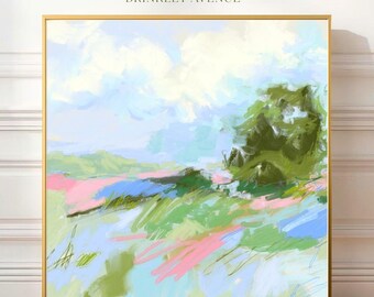 Abstract Pastel Landscape Canvas Art, Modern Impressionist Meadow Wall Art, Soft Green Blue Pink Print, Large Nature Artwork