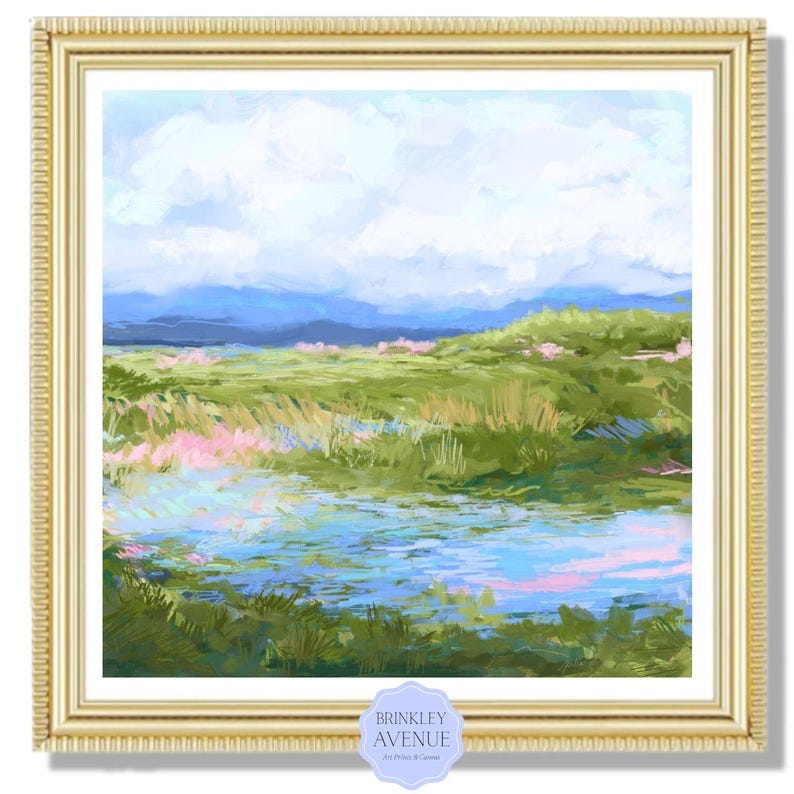 Contemporary low country marsh abstract canvas print featuring southern wetland landscape with soft blue sky, green marsh grasses, reflective water, coastal Grandmillennial home decor wall art in gold frame