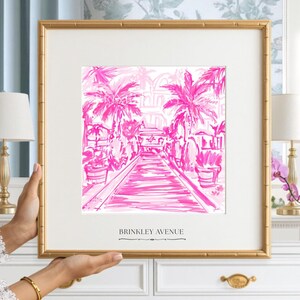 Hand-drawn pink coastal artwork depicting a Palm Beach–style walkway lined with palm trees, tropical foliage, and resort architecture; preppy, vibrant, tropical illustration with a summery coastal aesthetic