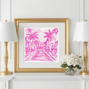 Hand-drawn pink coastal artwork depicting a Palm Beach–style walkway lined with palm trees, tropical foliage, and resort architecture; preppy, vibrant, tropical illustration with a summery coastal aesthetic