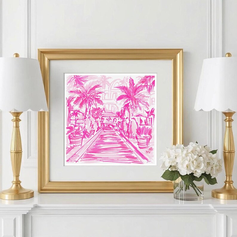 Hand-drawn pink coastal artwork depicting a Palm Beach–style walkway lined with palm trees, tropical foliage, and resort architecture; preppy, vibrant, tropical illustration with a summery coastal aesthetic