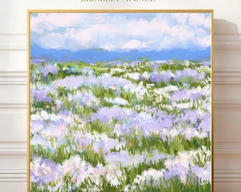 White Flower Meadow Prints | Violet Pastel Meadow Art | Colorful Purple Landscape Wall Art, Modern Impressionist Print