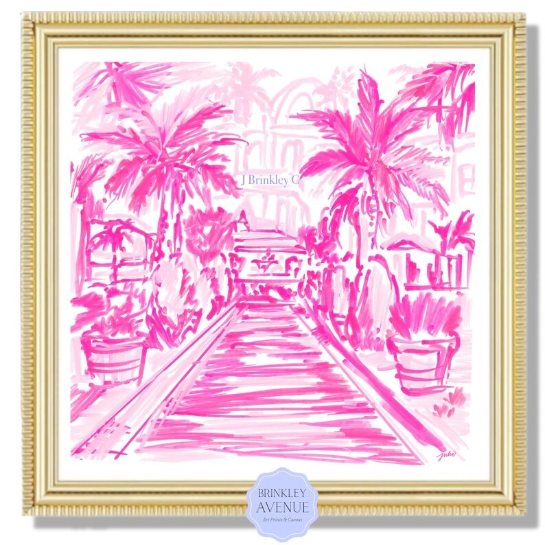 Hand-drawn pink coastal artwork depicting a Palm Beach–style walkway lined with palm trees, tropical foliage, and resort architecture; preppy, vibrant, tropical illustration with a summery coastal aesthetic