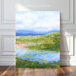 Contemporary low country marsh abstract canvas print featuring southern wetland landscape with soft blue sky, green marsh grasses, reflective water, coastal Grandmillennial home decor wall art