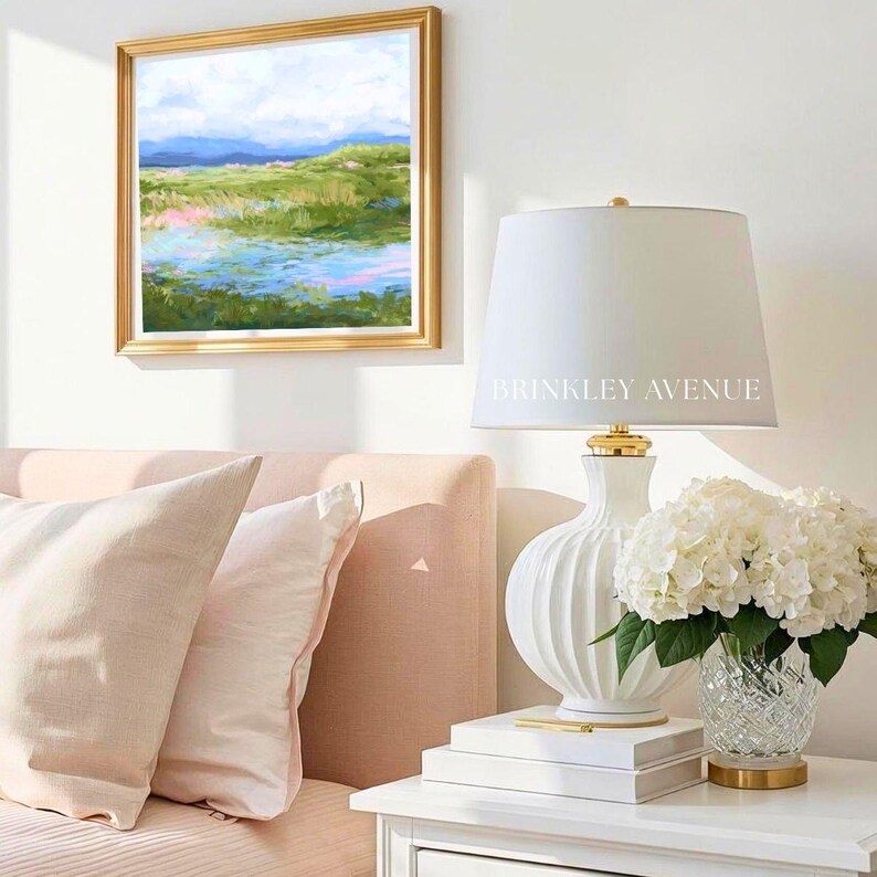 Contemporary low country marsh abstract canvas print featuring southern wetland landscape with soft blue sky, green marsh grasses, reflective water, coastal Grandmillennial home decor wall art in gold frame