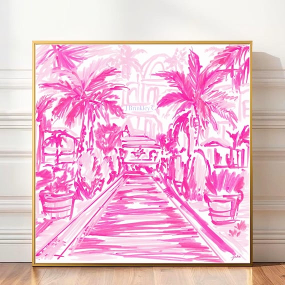Palm Beach Coastal Canvas Art - Pink Coastal Palm Beach Art Print – Preppy Tropical Palm Tree Illustration, Vibrant Resort-Style Wall Decor