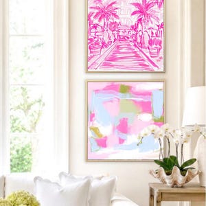 Hand-drawn pink coastal artwork depicting a Palm Beach–style walkway lined with palm trees, tropical foliage, and resort architecture; preppy, vibrant, tropical illustration with a summery coastal aesthetic