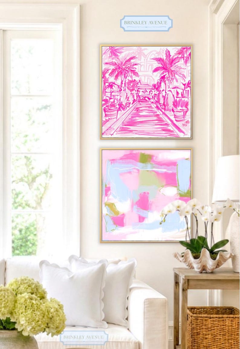 Hand-drawn pink coastal artwork depicting a Palm Beach–style walkway lined with palm trees, tropical foliage, and resort architecture; preppy, vibrant, tropical illustration with a summery coastal aesthetic