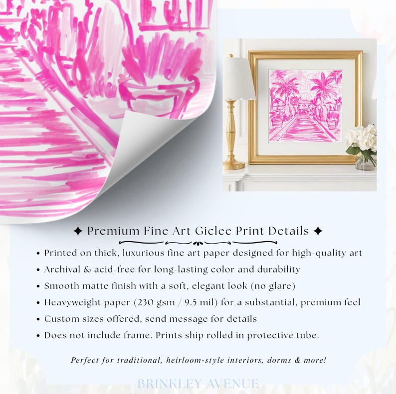 May include: A fine art giclee print featuring a vibrant hot pink and white painterly illustration of a palm tree-lined path. The artwork is displayed in a gold frame on a white mantel next to a gold lamp and a small vase of white flowers.