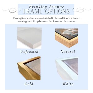 May include: Image showcasing Brinkley Avenue frame options. The options include Unframed, Natural, Gold, and White frames. The text explains that floating frames have canvas installed in the middle, creating a small gap between the frame and the canvas.