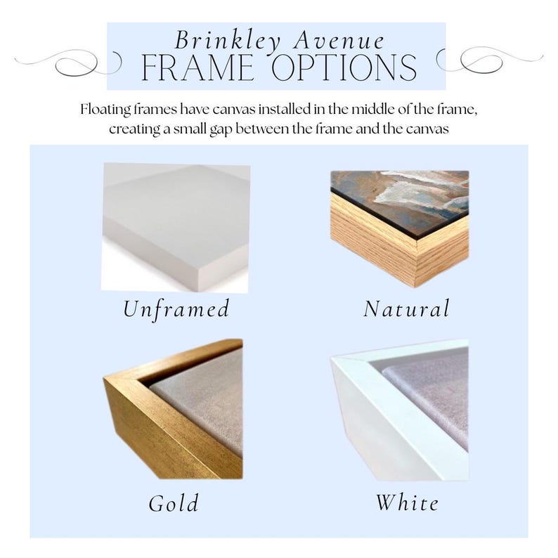 May include: Image showcasing Brinkley Avenue frame options. The options include Unframed, Natural, Gold, and White frames. The text explains that floating frames have canvas installed in the middle, creating a small gap between the frame and the canvas.