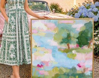 Blush Garden Reverie | Grandmillennial Abstract Landscape Wall Art, Pink & Green Pastel Canvas, Oversized Southern Coastal Wall Decor Print
