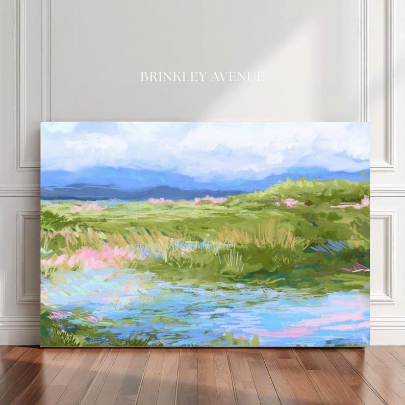 Contemporary low country marsh abstract canvas print featuring southern wetland landscape with soft blue sky, green marsh grasses, reflective water, coastal Grandmillennial home decor wall art