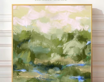 Neutral Green Landscape Canvas Art: Pastel Neutrals Wall Decor, Modern Impressionist Print, Grandmillennial Style Art