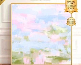 Pastel Coastal Landscape Canvas Art: Pastel Abstract Neutrals Wall Decor, Pink Green Blue Art Print, Grandmillennial Style Art, Dorm Art
