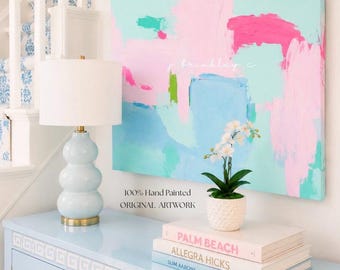 36x36” Original (Not A Print!) Coastal Colors Abstract Canvas Painting: Bright Teal Blue Pink Wall Art, Colorful Pastel Abstract Paintings