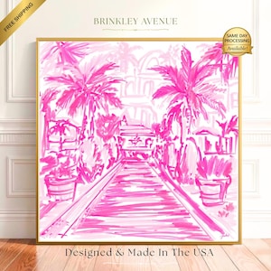 Hand-drawn pink coastal artwork depicting a Palm Beach–style walkway lined with palm trees, tropical foliage, and resort architecture; preppy, vibrant, tropical illustration with a summery coastal aesthetic, pictured in a gold floating frame, same day processing available