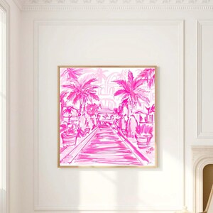 Hand-drawn pink coastal artwork depicting a Palm Beach–style walkway lined with palm trees, tropical foliage, and resort architecture; preppy, vibrant, tropical illustration with a summery coastal aesthetic