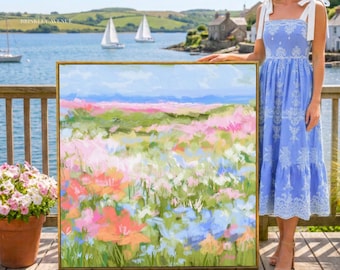 Blue Pink Orange Floral Meadow Print | Pink Orange Meadow Art | Colorful Flower Landscape Wall Art, Modern Impressionist Print