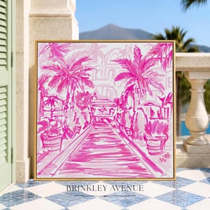 Hand-drawn pink coastal artwork depicting a Palm Beach–style walkway lined with palm trees, tropical foliage, and resort architecture; preppy, vibrant, tropical illustration with a summery coastal aesthetic