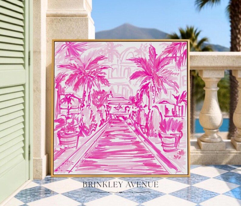 Hand-drawn pink coastal artwork depicting a Palm Beach–style walkway lined with palm trees, tropical foliage, and resort architecture; preppy, vibrant, tropical illustration with a summery coastal aesthetic