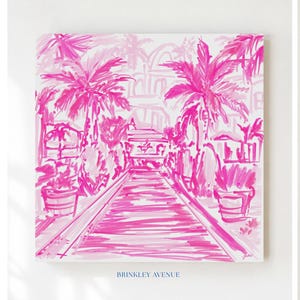 Hand-drawn pink coastal artwork depicting a Palm Beach–style walkway lined with palm trees, tropical foliage, and resort architecture; preppy, vibrant, tropical illustration with a summery coastal aesthetic
