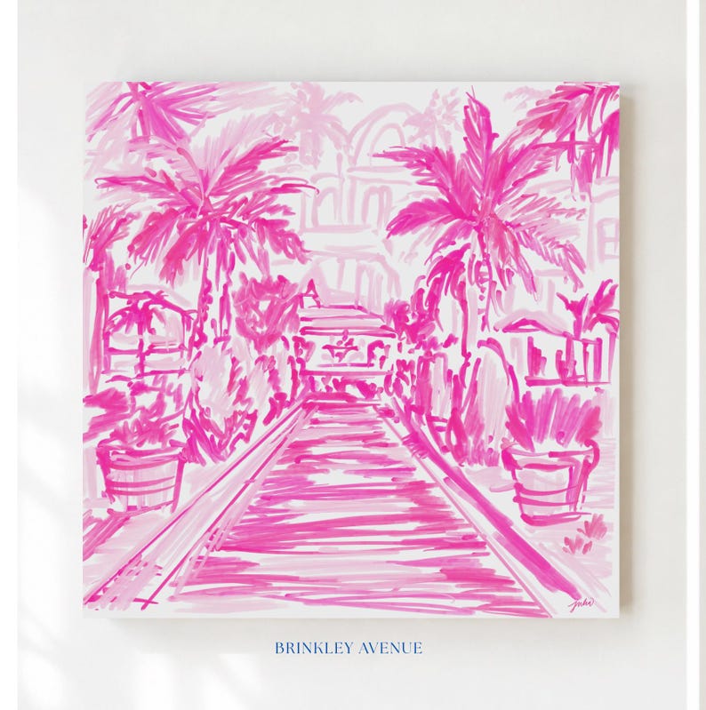 Hand-drawn pink coastal artwork depicting a Palm Beach–style walkway lined with palm trees, tropical foliage, and resort architecture; preppy, vibrant, tropical illustration with a summery coastal aesthetic