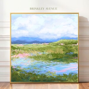 Contemporary low country marsh abstract canvas print featuring southern wetland landscape with soft blue sky, green marsh grasses, reflective water, coastal Grandmillennial home decor wall art in gold frame