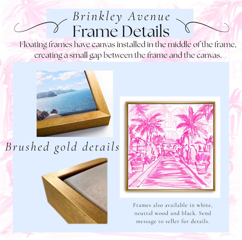 May include: Brinkley Avenue Frame Details graphic showing floating frames with canvas installed in the middle. Includes close-ups of brushed gold frame corners and a square art print featuring a pink palm tree scene. Text explains frame gaps.