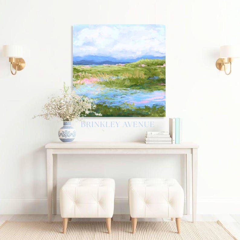 Contemporary low country marsh abstract canvas print featuring southern wetland landscape with soft blue sky, green marsh grasses, reflective water, coastal Grandmillennial home decor wall art in gold frame