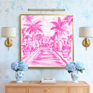 Hand-drawn pink coastal artwork depicting a Palm Beach–style walkway lined with palm trees, tropical foliage, and resort architecture; preppy, vibrant, tropical illustration with a summery coastal aesthetic