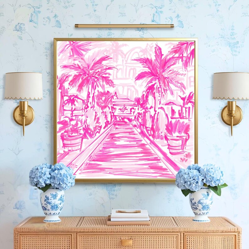 Hand-drawn pink coastal artwork depicting a Palm Beach–style walkway lined with palm trees, tropical foliage, and resort architecture; preppy, vibrant, tropical illustration with a summery coastal aesthetic