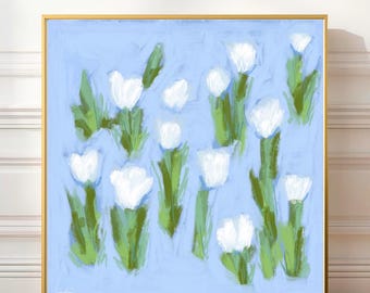 Blue White Green Floral Art Print: Tulip Flower Canvas, Contemporary Canvas Art Prints