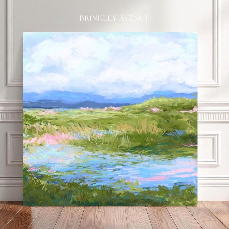 Contemporary low country marsh abstract canvas print featuring southern wetland landscape with soft blue sky, green marsh grasses, reflective water, coastal Grandmillennial home decor wall art