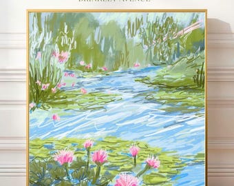 Coastal Lilies Canvas Art: Abstract Marsh Landscape, Gold Frame Grandmillennial Decor