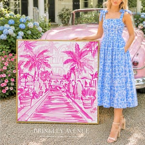 Hand-drawn pink coastal artwork depicting a Palm Beach–style walkway lined with palm trees, tropical foliage, and resort architecture; preppy, vibrant, tropical illustration with a summery coastal aesthetic