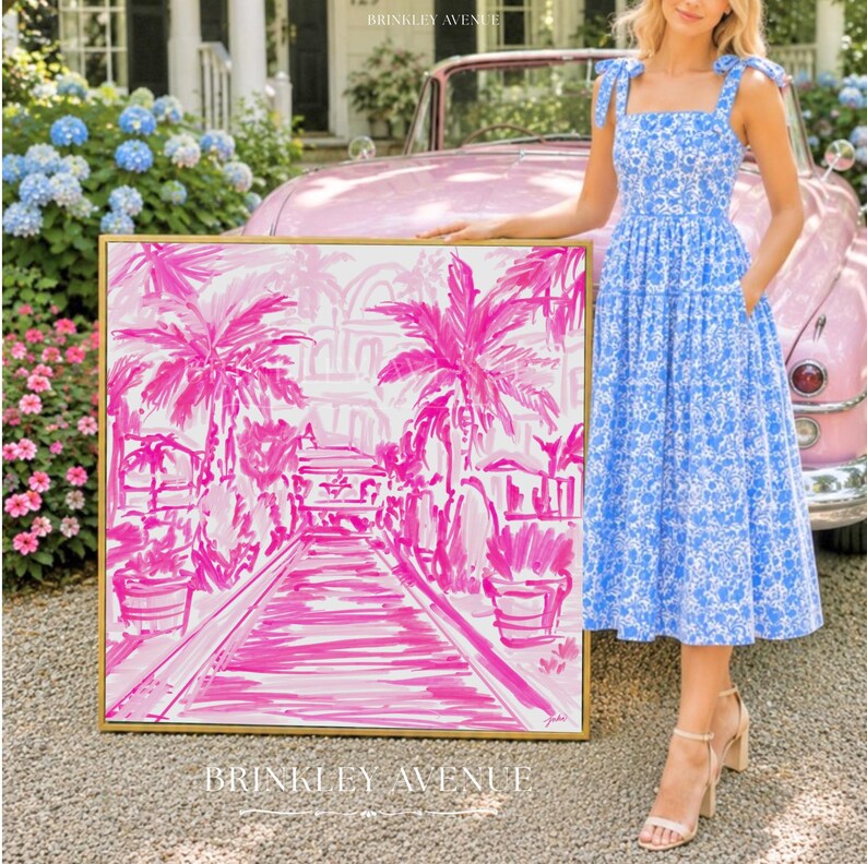 Hand-drawn pink coastal artwork depicting a Palm Beach–style walkway lined with palm trees, tropical foliage, and resort architecture; preppy, vibrant, tropical illustration with a summery coastal aesthetic