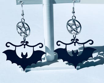 Hanging Bat Earrings with pentacle