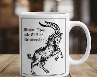 Live Deliciously Black Phillip Mug - witchcraft, history, Satan, goth, gothic