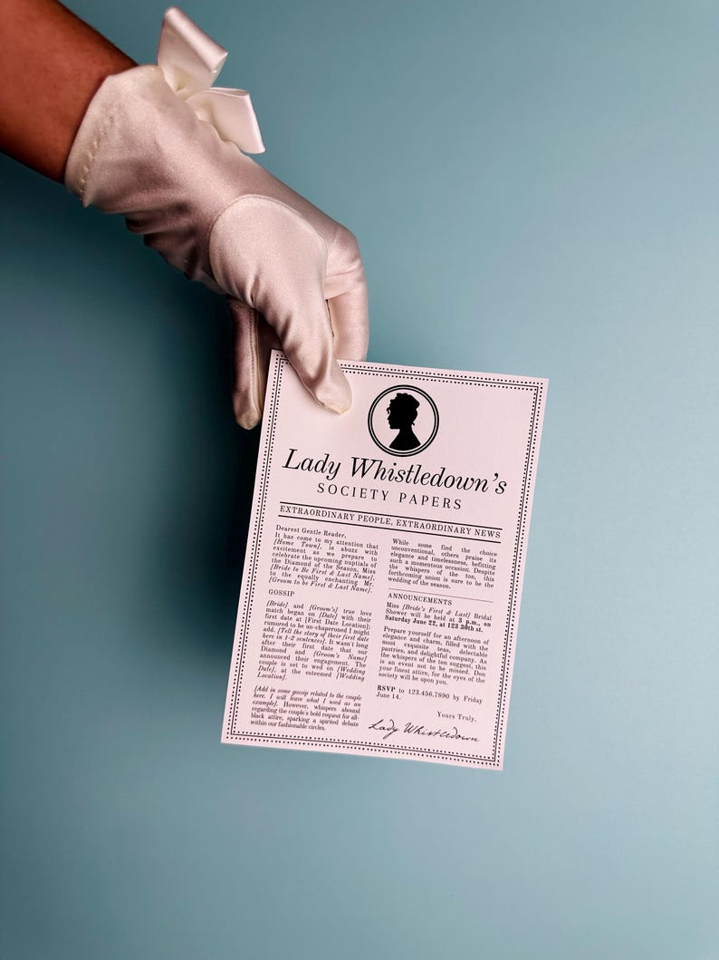 Lady Whistledown’s Society Papers invitation template featuring Regency-era design & classic fonts. Perfect for bridal showers, bachelorette parties & sophisticated events. Fully customizable in Canva with authentic Lady Whistledown voice and style.
