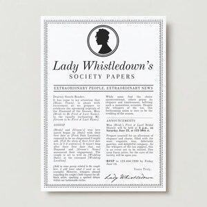 Lady Whistledown’s Society Papers invitation template featuring Regency-era design & classic fonts. Perfect for bridal showers, bachelorette parties & sophisticated events. Fully customizable in Canva with authentic Lady Whistledown voice and style.