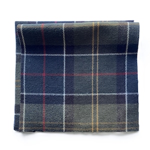 Peut inclure: Un morceau de tissu plié avec un motif écossais bleu, vert, rouge et jaune.