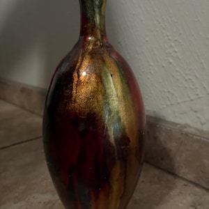 Hand-Glazed Marbled Art Vase in Deep Red and Gold